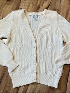 VTG Victoria Jones V-Neck Diamond Knit Pearl Button Fuzzy Cardigan GrandmaCore S